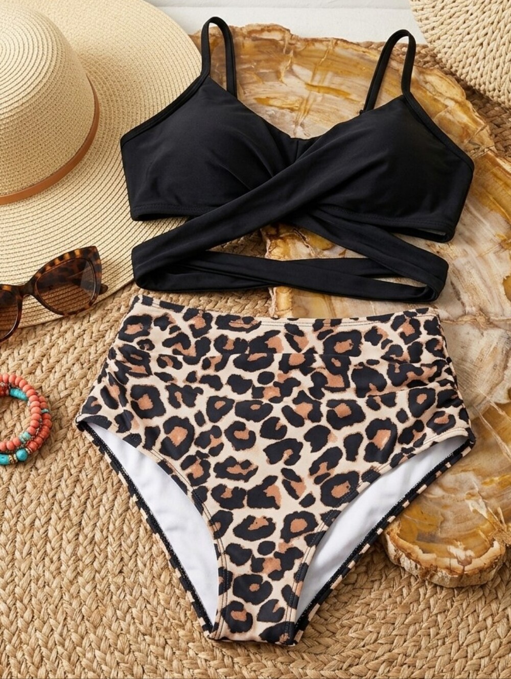 Ruuhee Crisscross Leopard Print 2 Piece Swimsuit High Waisted Bikini Swim NWT